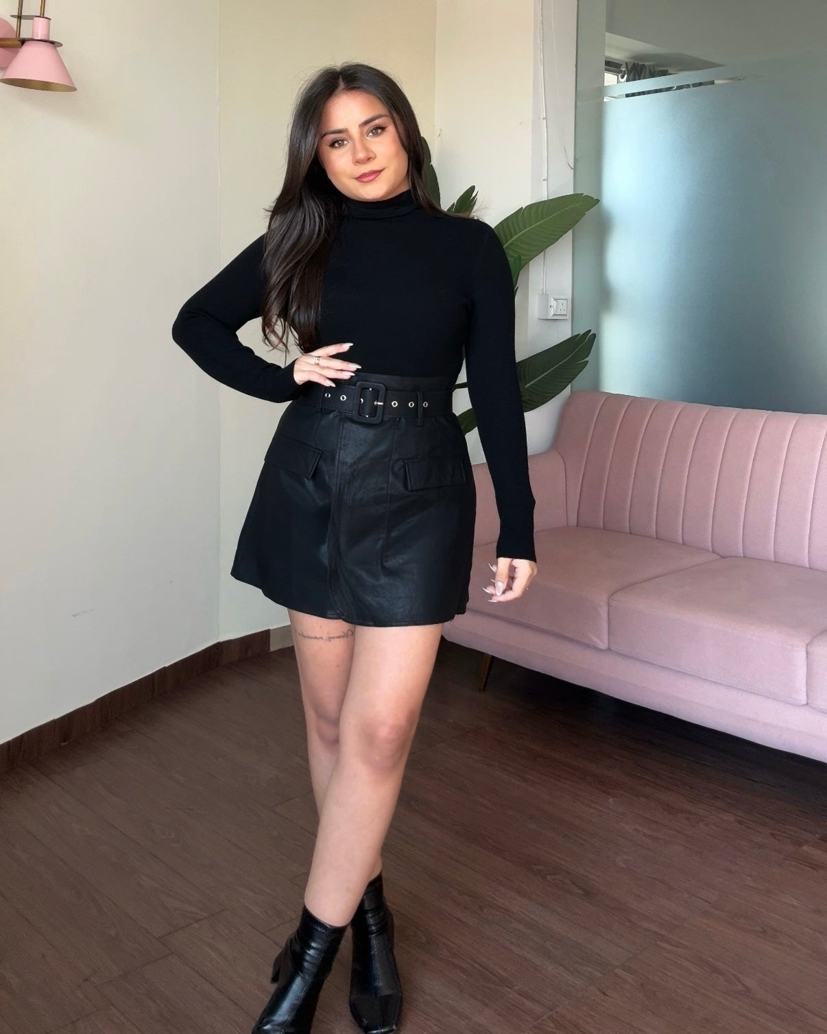 Mini Leather Skirt With Thick Belt