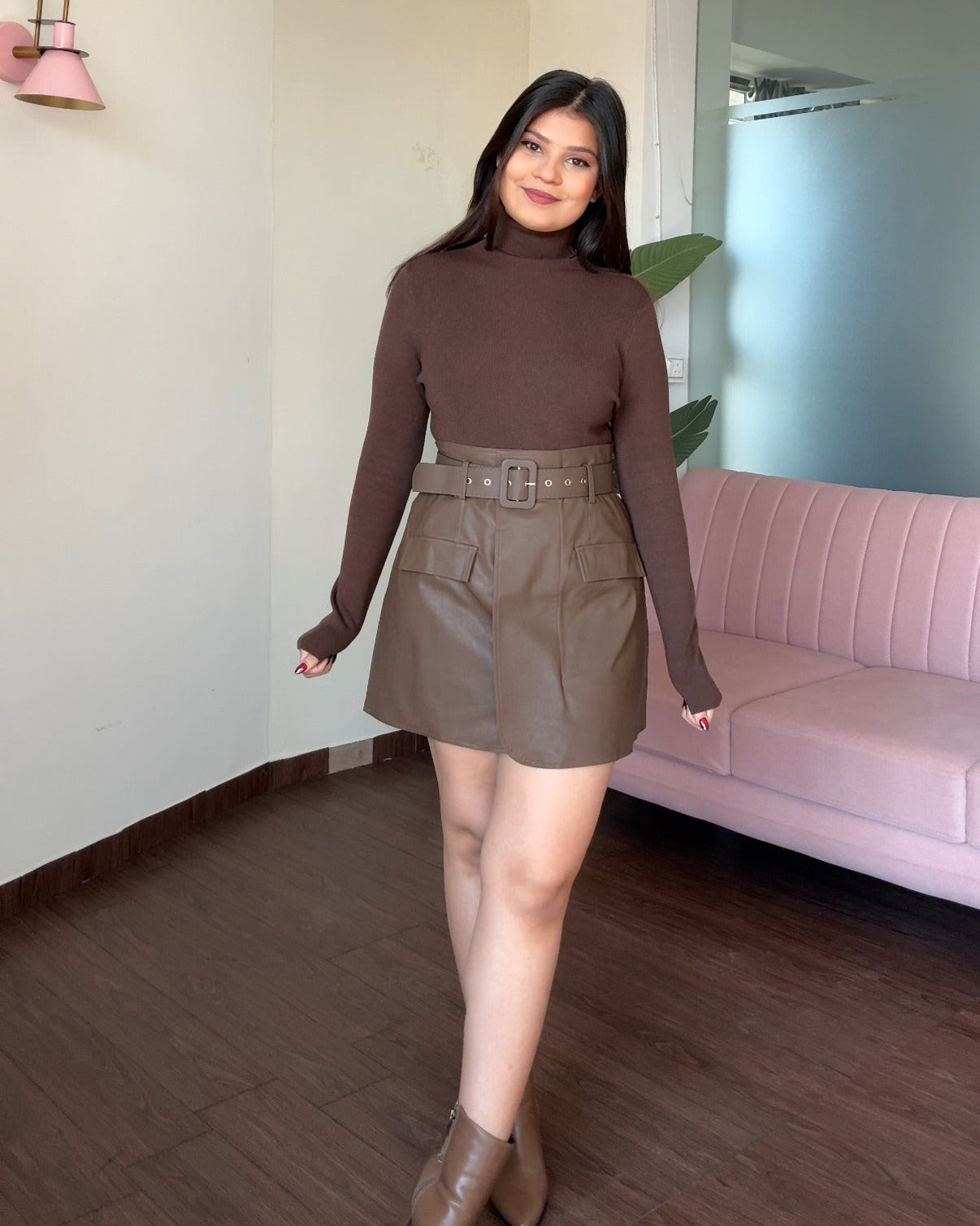 Mini Leather Skirt With Thick Belt