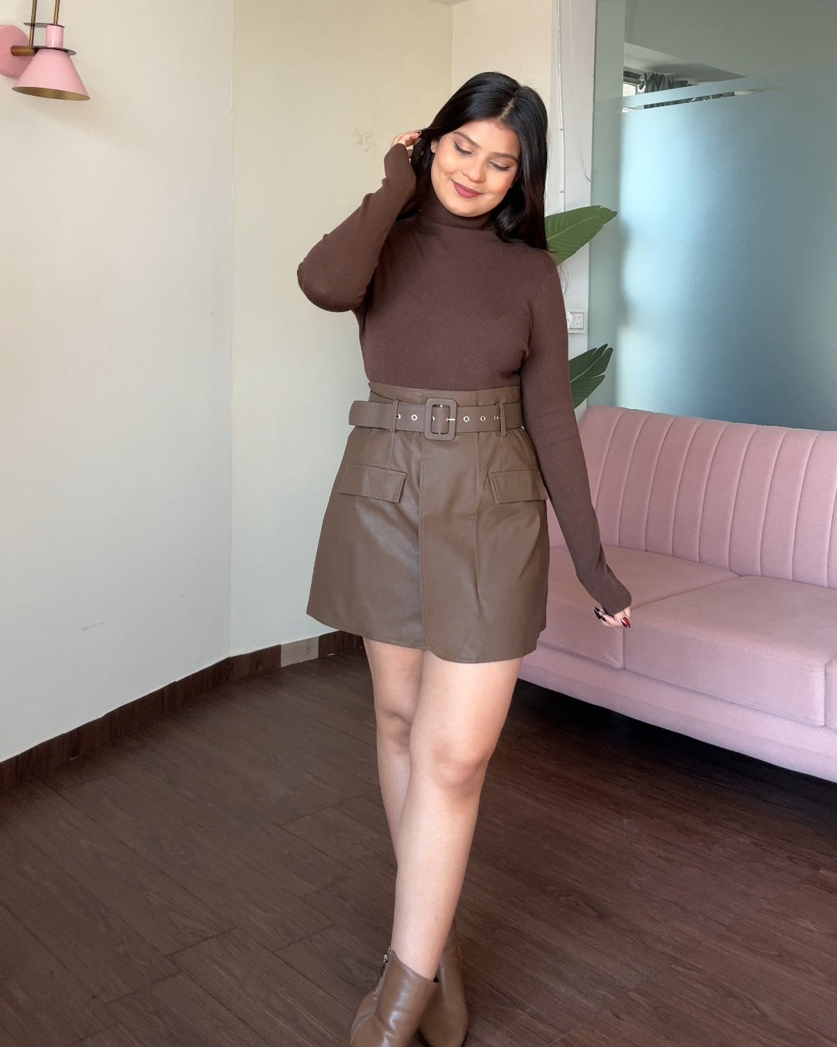 Mini Leather Skirt With Thick Belt