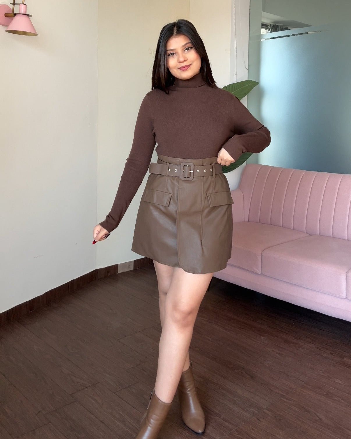 Mini Leather Skirt With Thick Belt