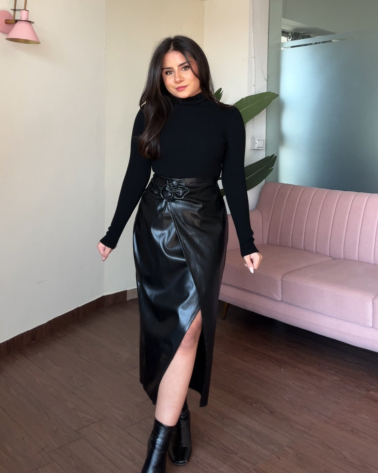 Ruched Midi Ring Detail Leather Skirt