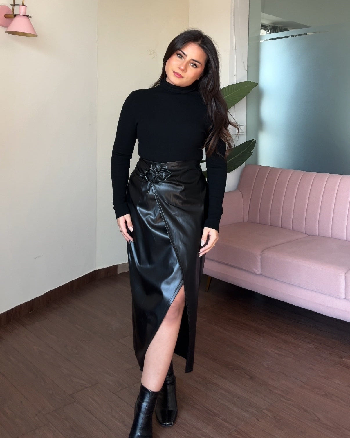 Ruched Midi Ring Detail Leather Skirt