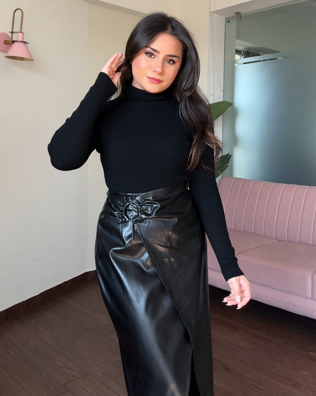 Ruched Midi Ring Detail Leather Skirt