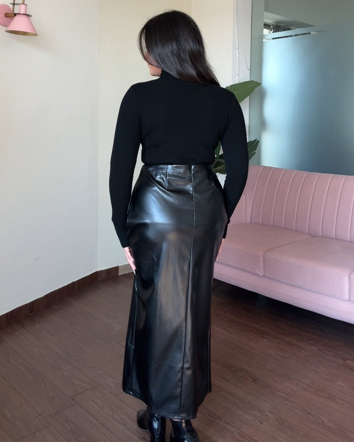 Ruched Midi Ring Detail Leather Skirt