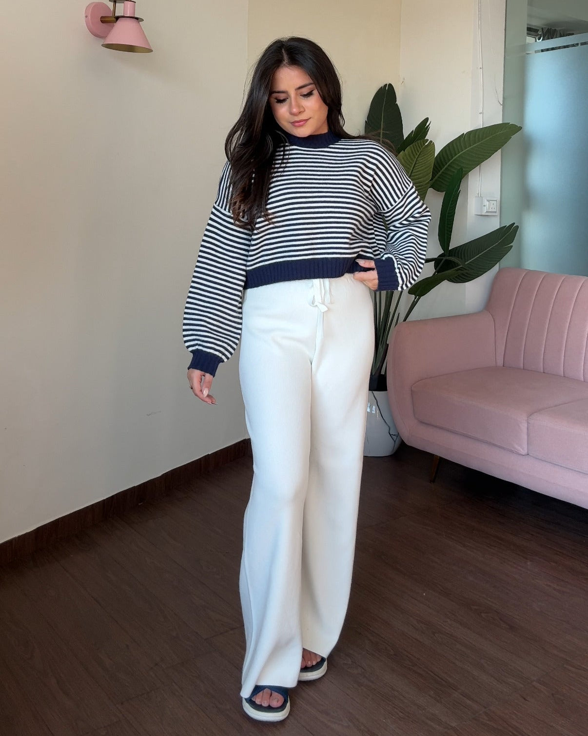 Cropped Stripped Sweater Woollen Pajama Set