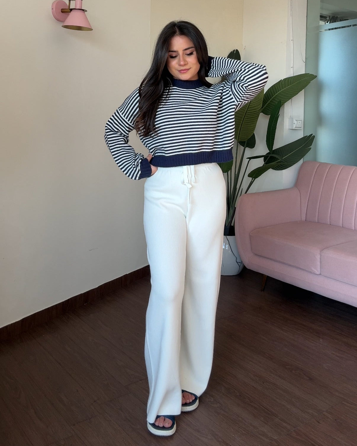 Cropped Stripped Sweater Woollen Pajama Set