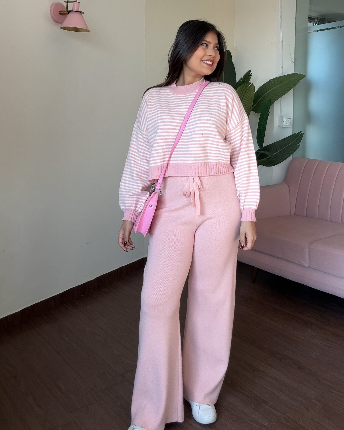 Cropped Stripped Sweater Woollen Pajama Set