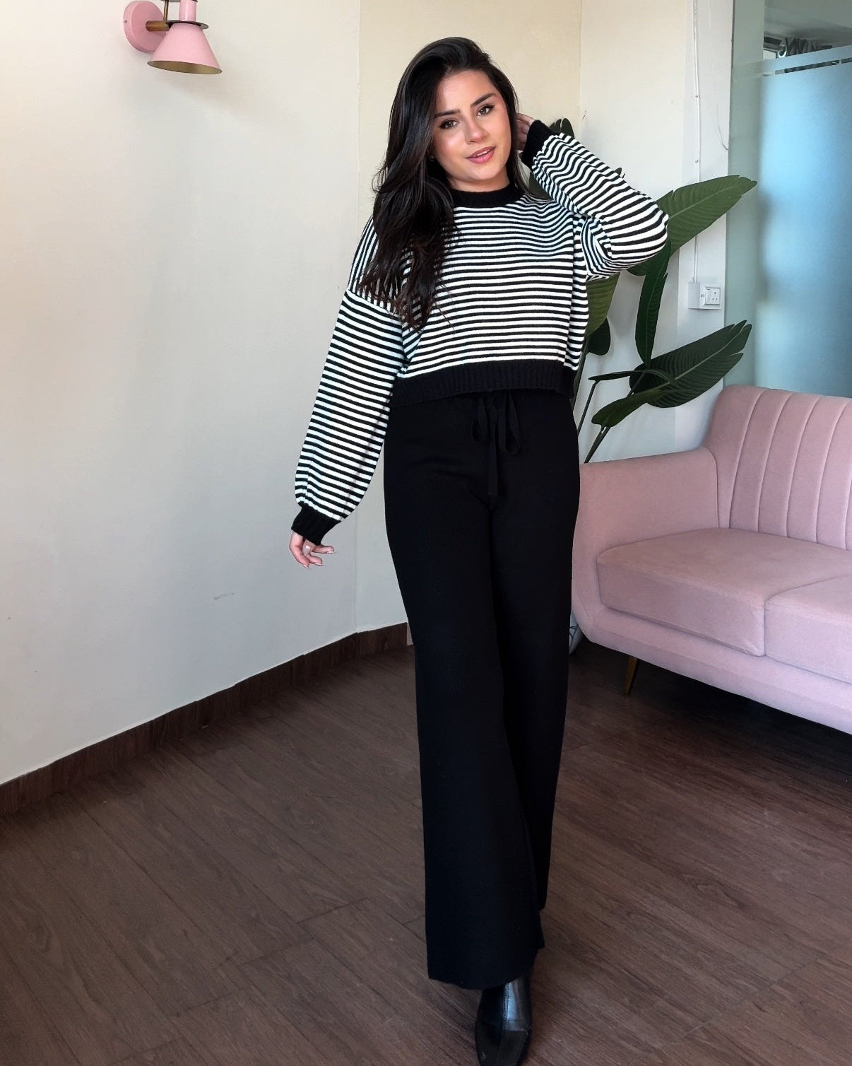 Cropped Stripped Sweater Woollen Pajama Set