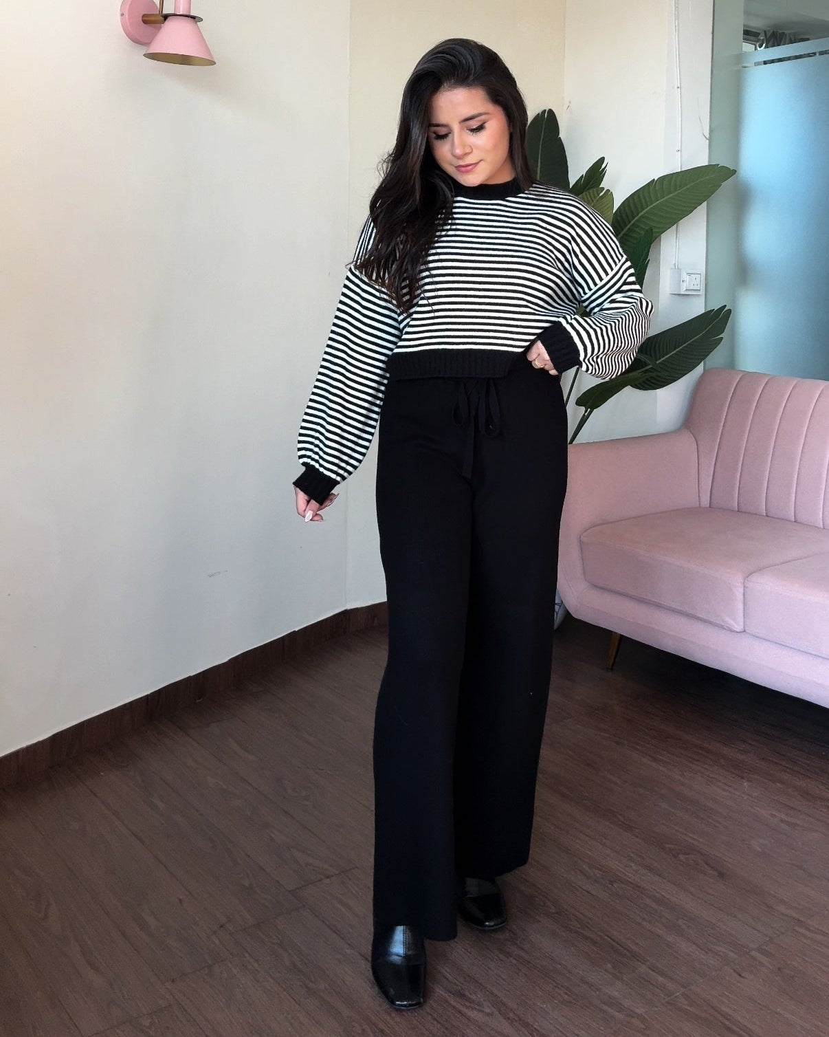 Cropped Stripped Sweater Woollen Pajama Set