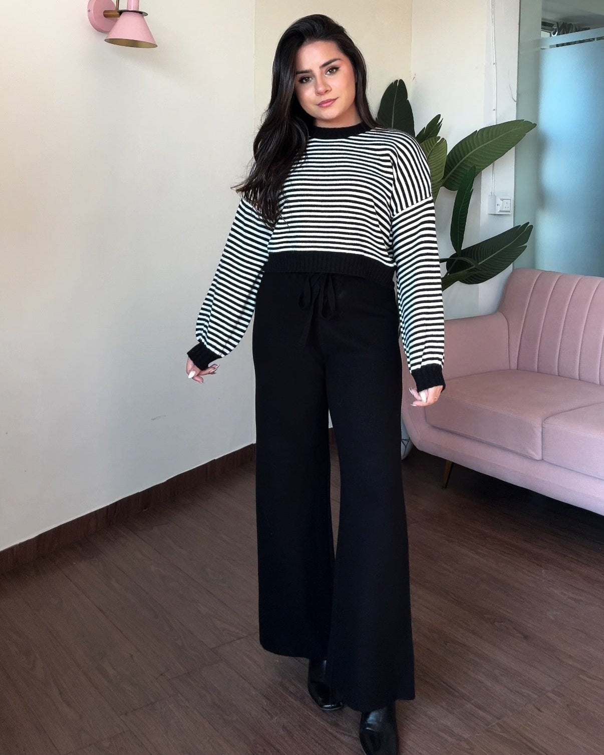 Cropped Stripped Sweater Woollen Pajama Set