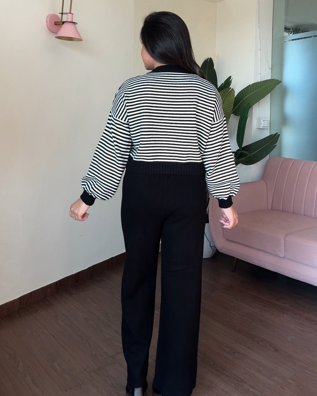 Cropped Stripped Sweater Woollen Pajama Set