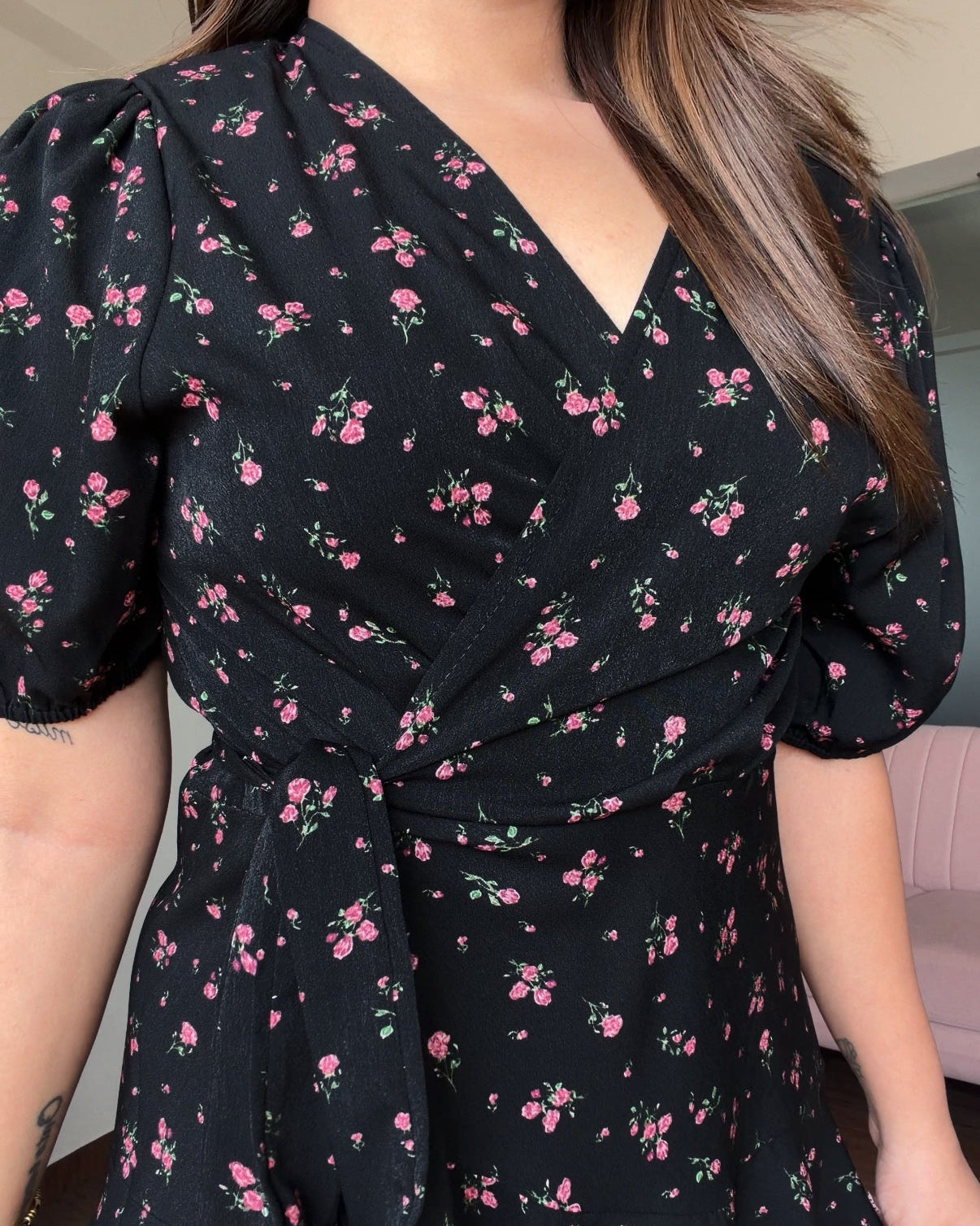 Black Floral Puff Sleeve Wrap Mini Dress