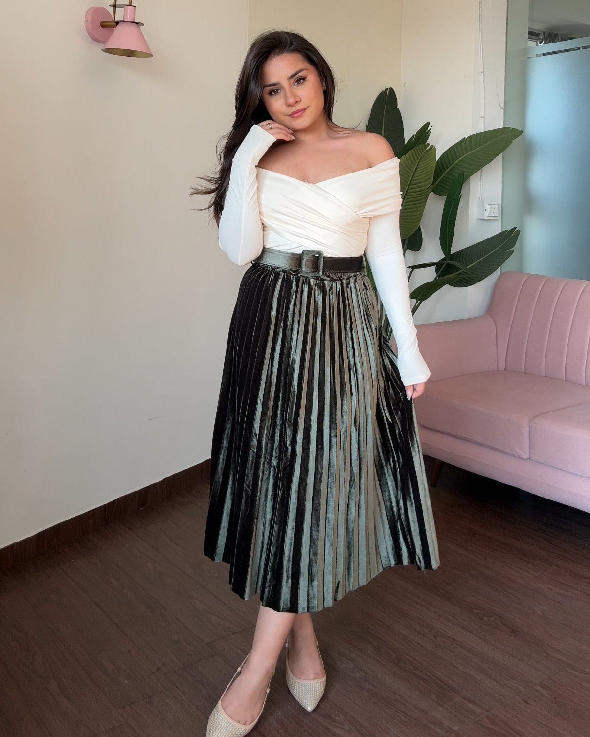 Velvet Pleated Midi Skirt With Belt