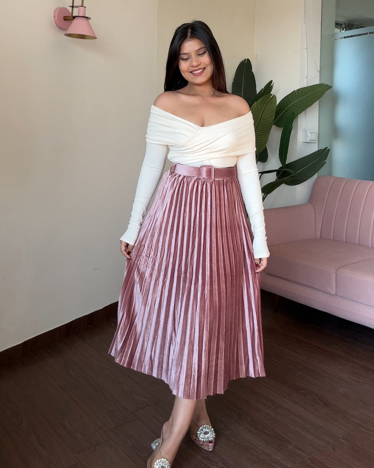 Velvet Pleated Midi Skirt With Belt