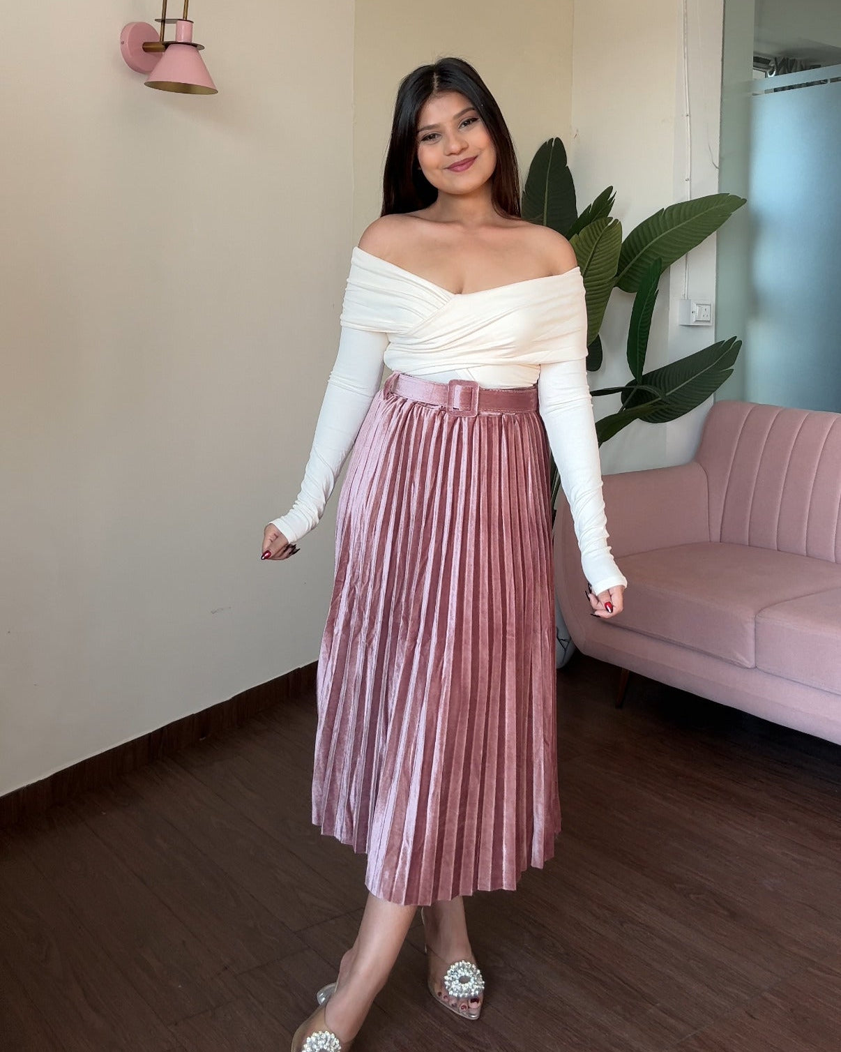 Velvet Pleated Midi Skirt With Belt