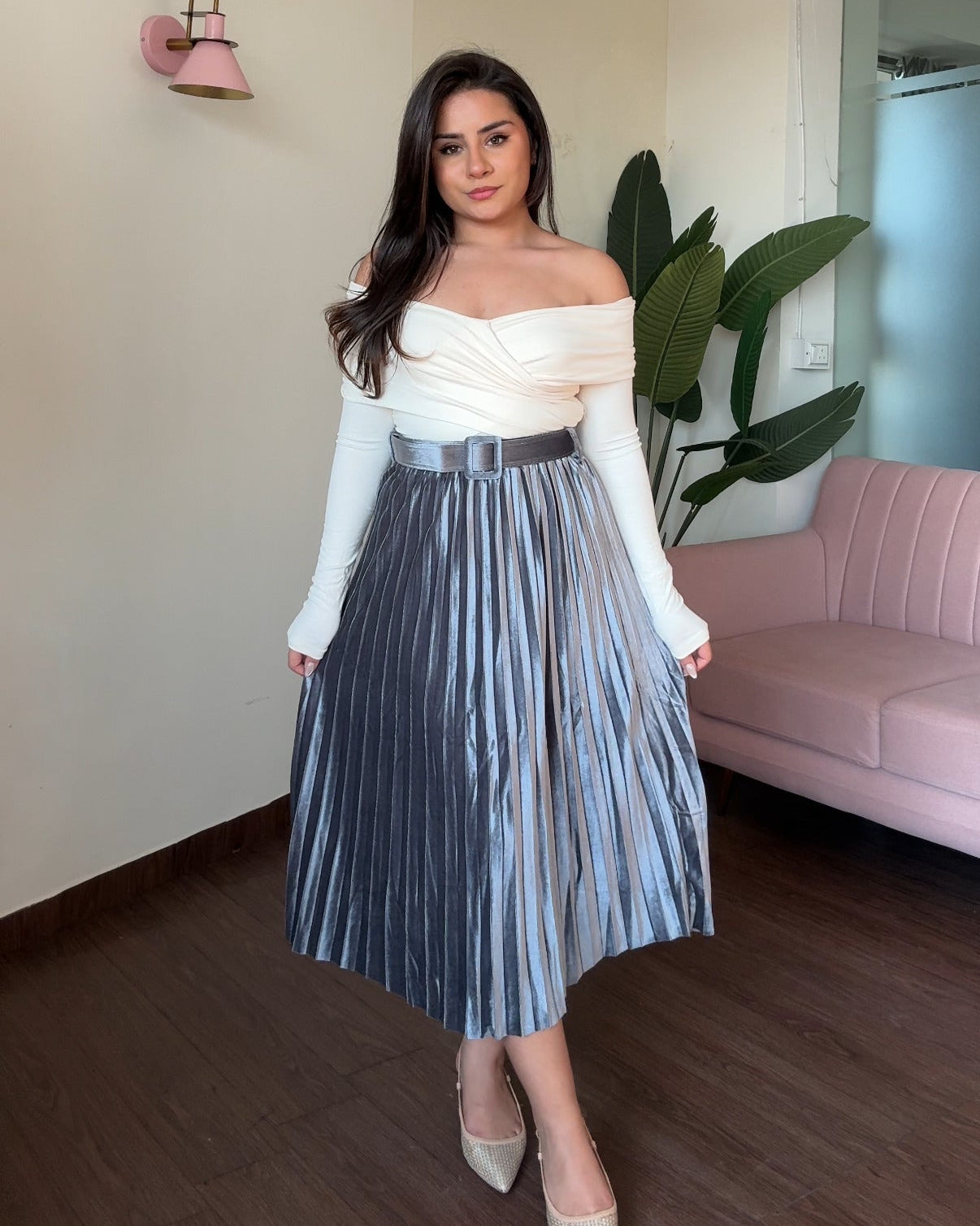 Velvet Pleated Midi Skirt With Belt