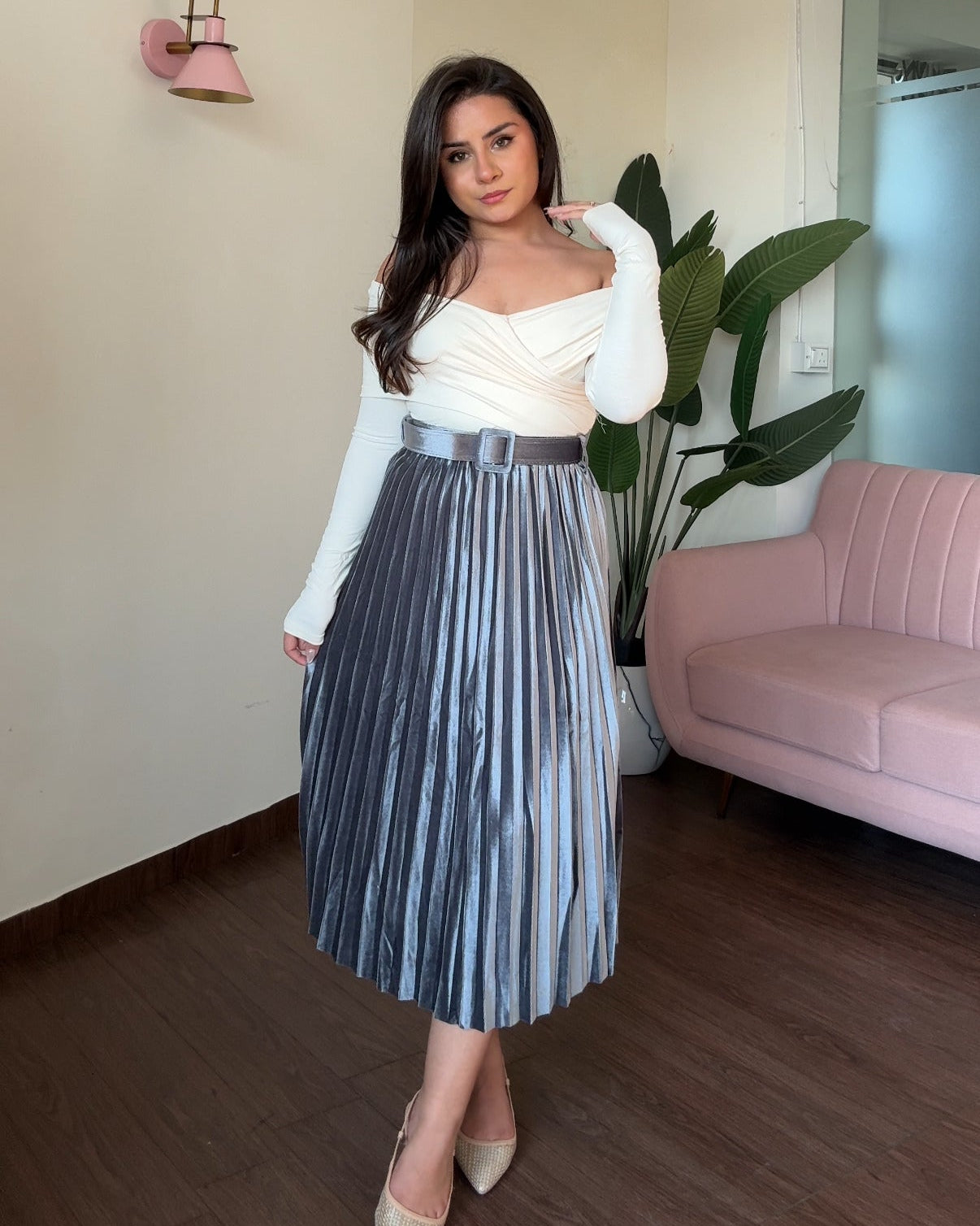 Velvet Pleated Midi Skirt With Belt