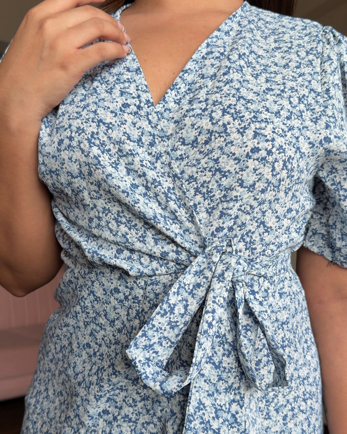 Blue Floral Puff Sleeve Wrap Mini Dress