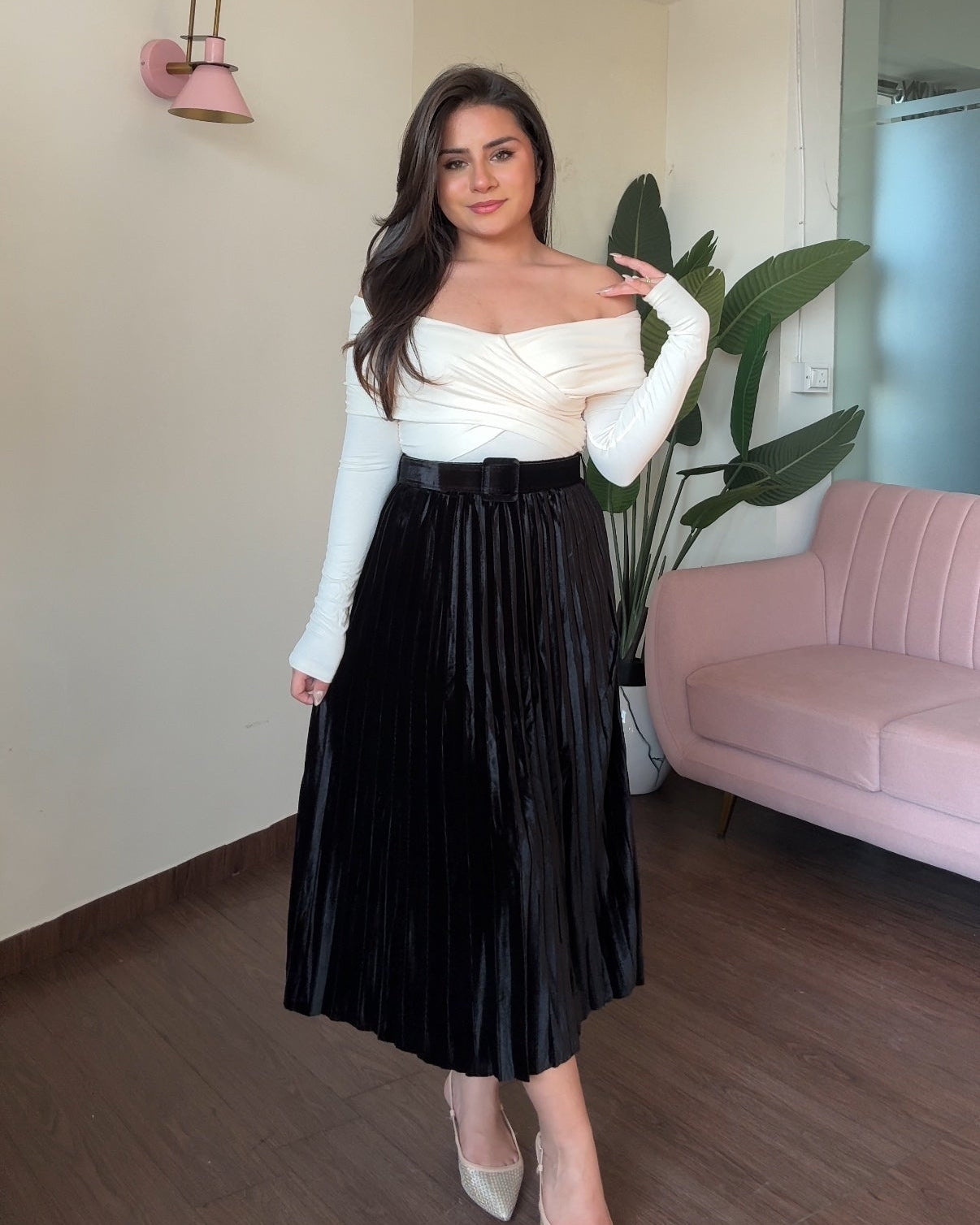 Velvet Pleated Midi Skirt With Belt