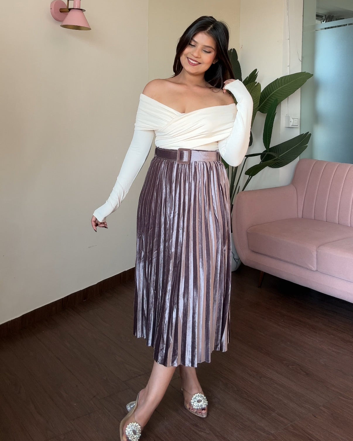 Velvet Pleated Midi Skirt With Belt