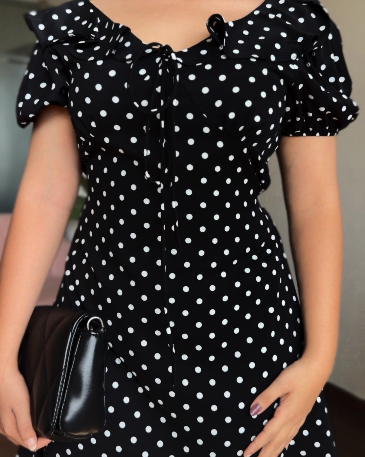 Polka Dot V Neck Puff Sleeve Back Tie Up Detailing Mini Dress