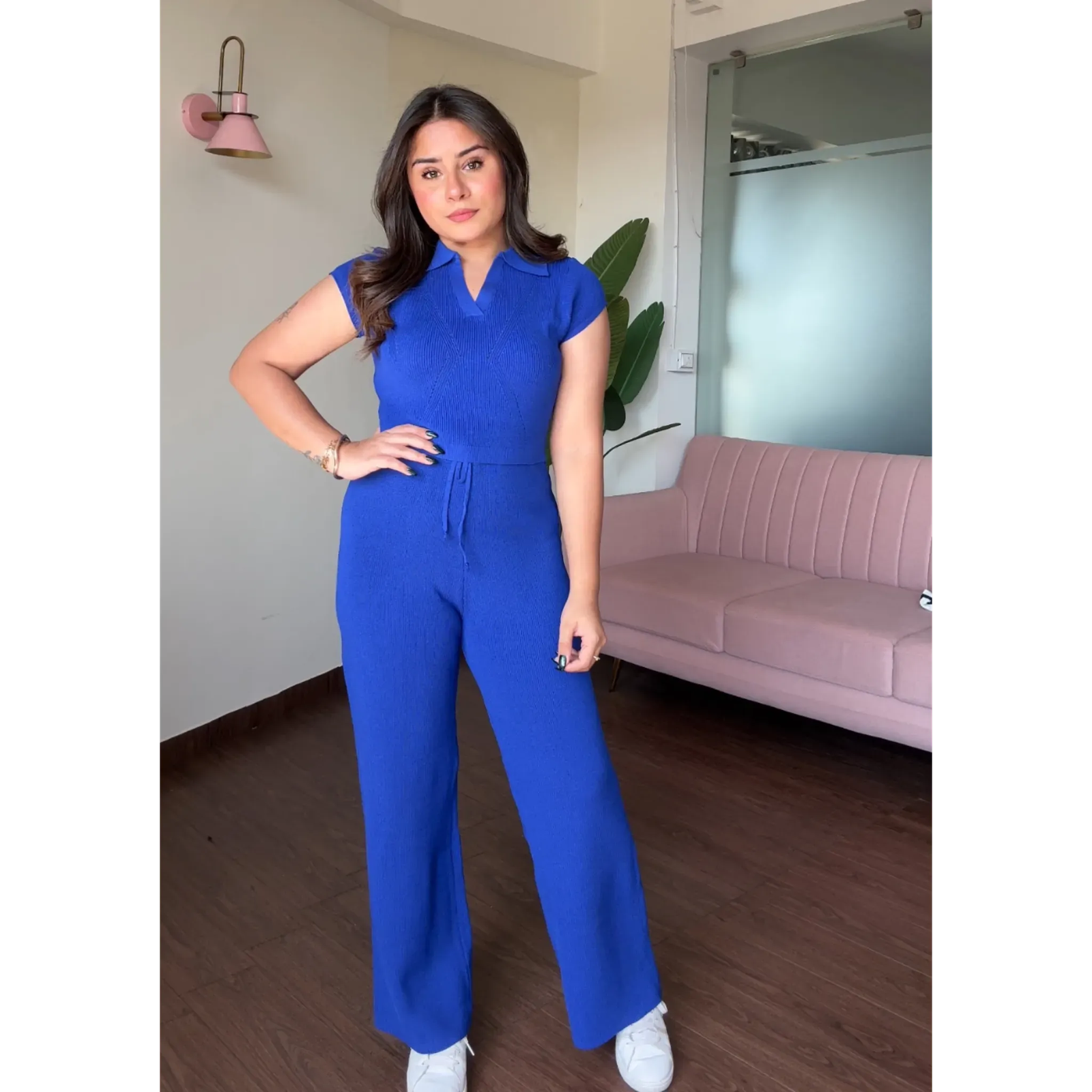 Knitted Cropped Collared Solid Co-ord Set