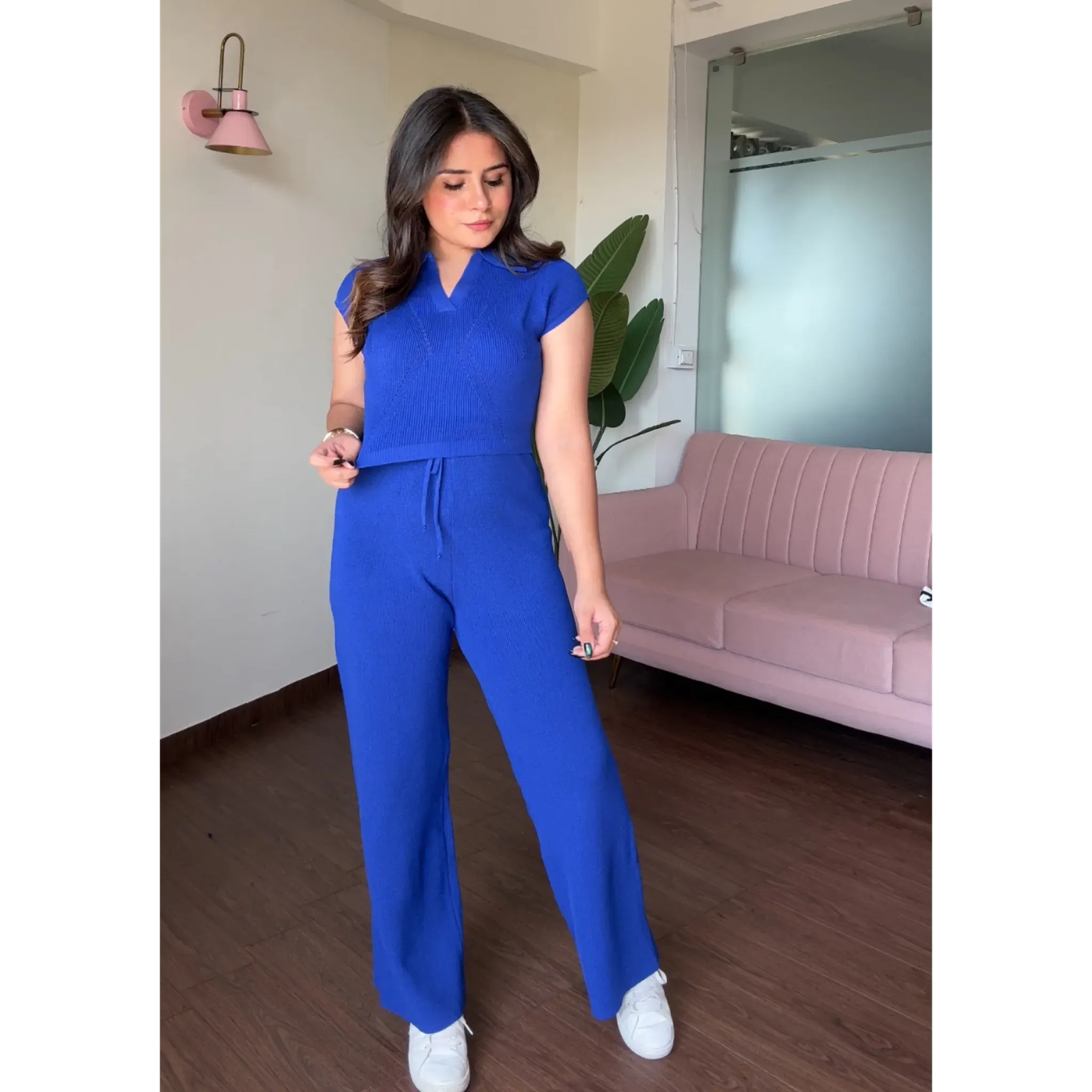 Knitted Cropped Collared Solid Co-ord Set