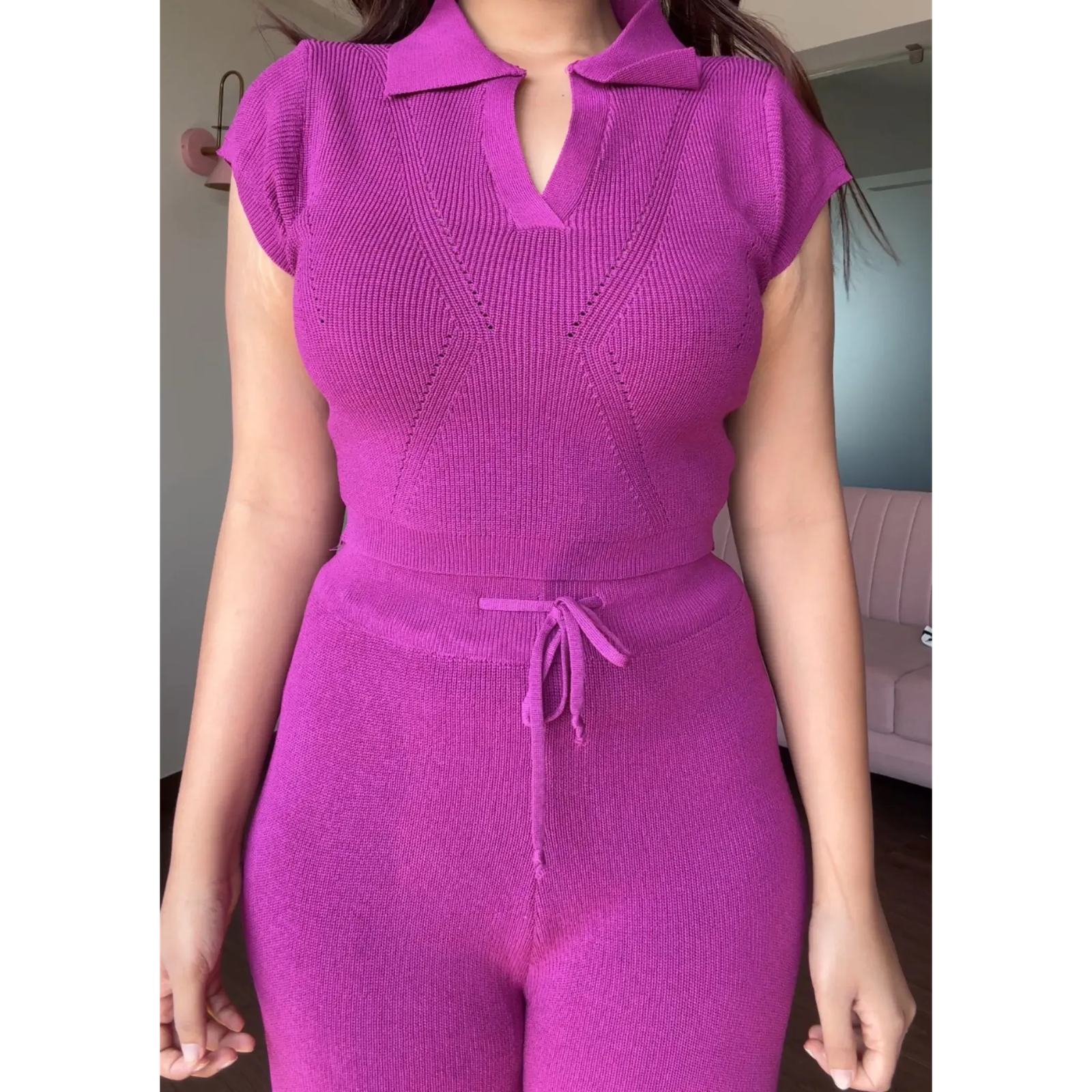 Knitted Cropped Collared Solid Co-ord Set