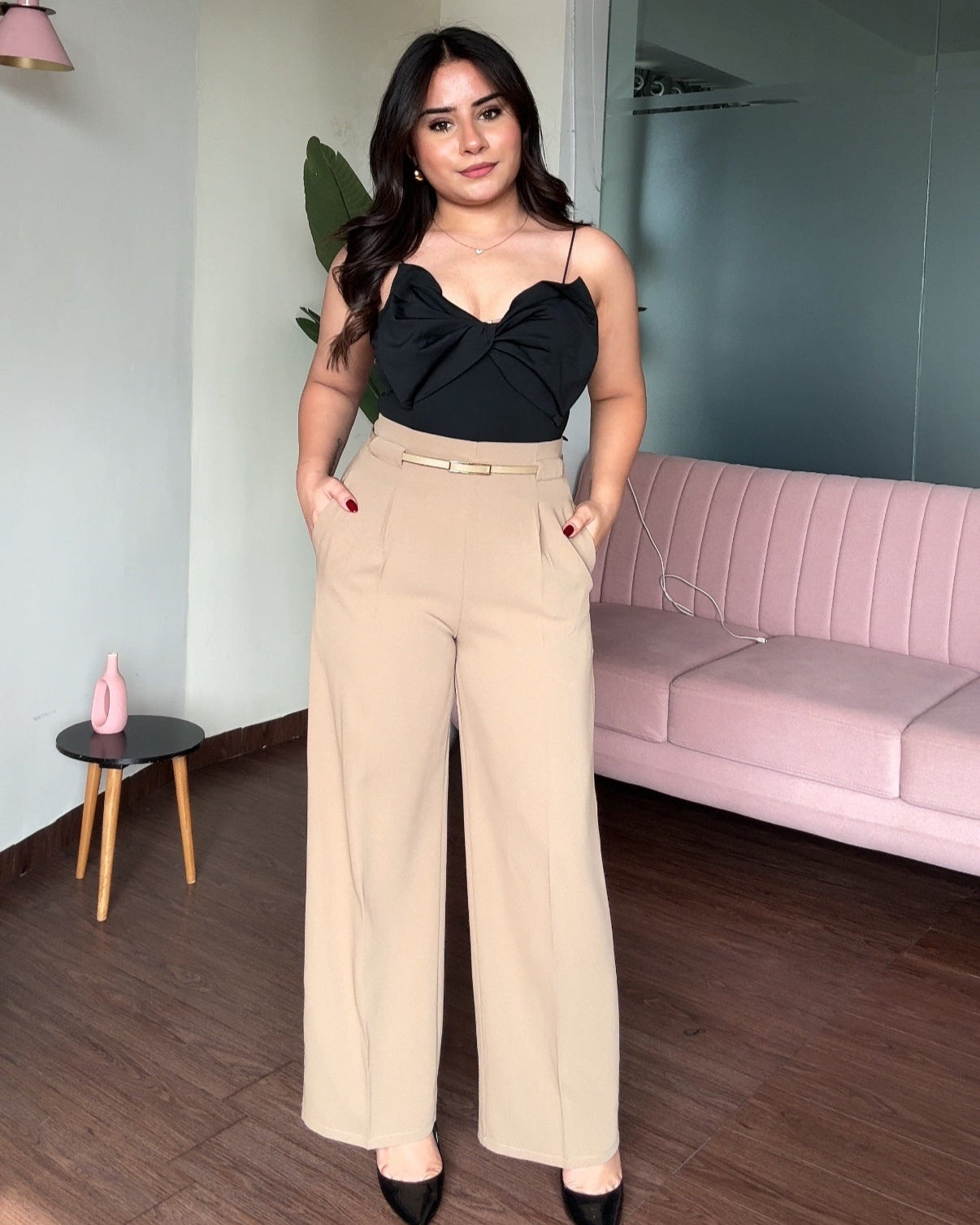 Straight Fit Wide Leg Pants With Belt For Women