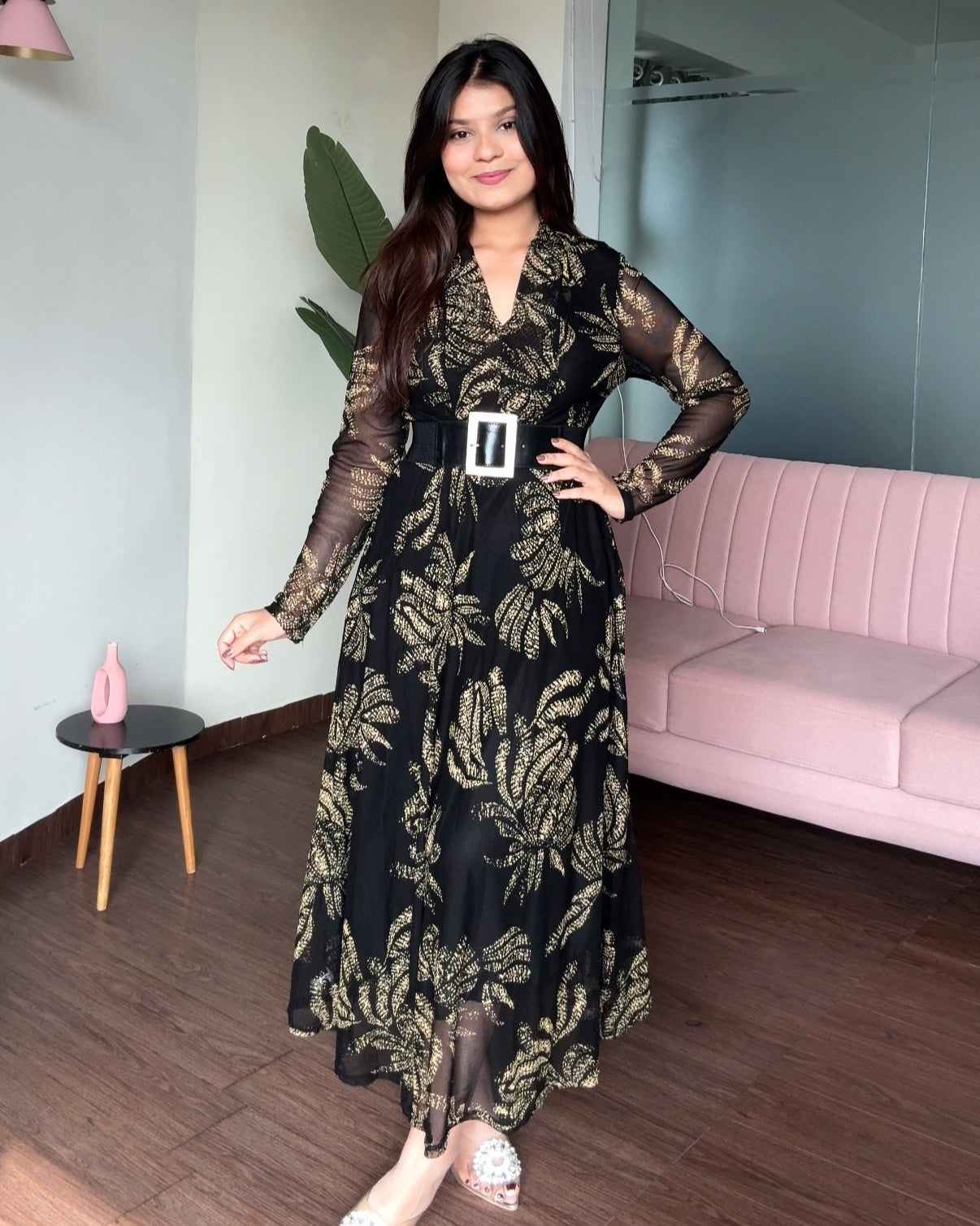 Mesh Printed V Neck Dress With Rhinestone Belt
