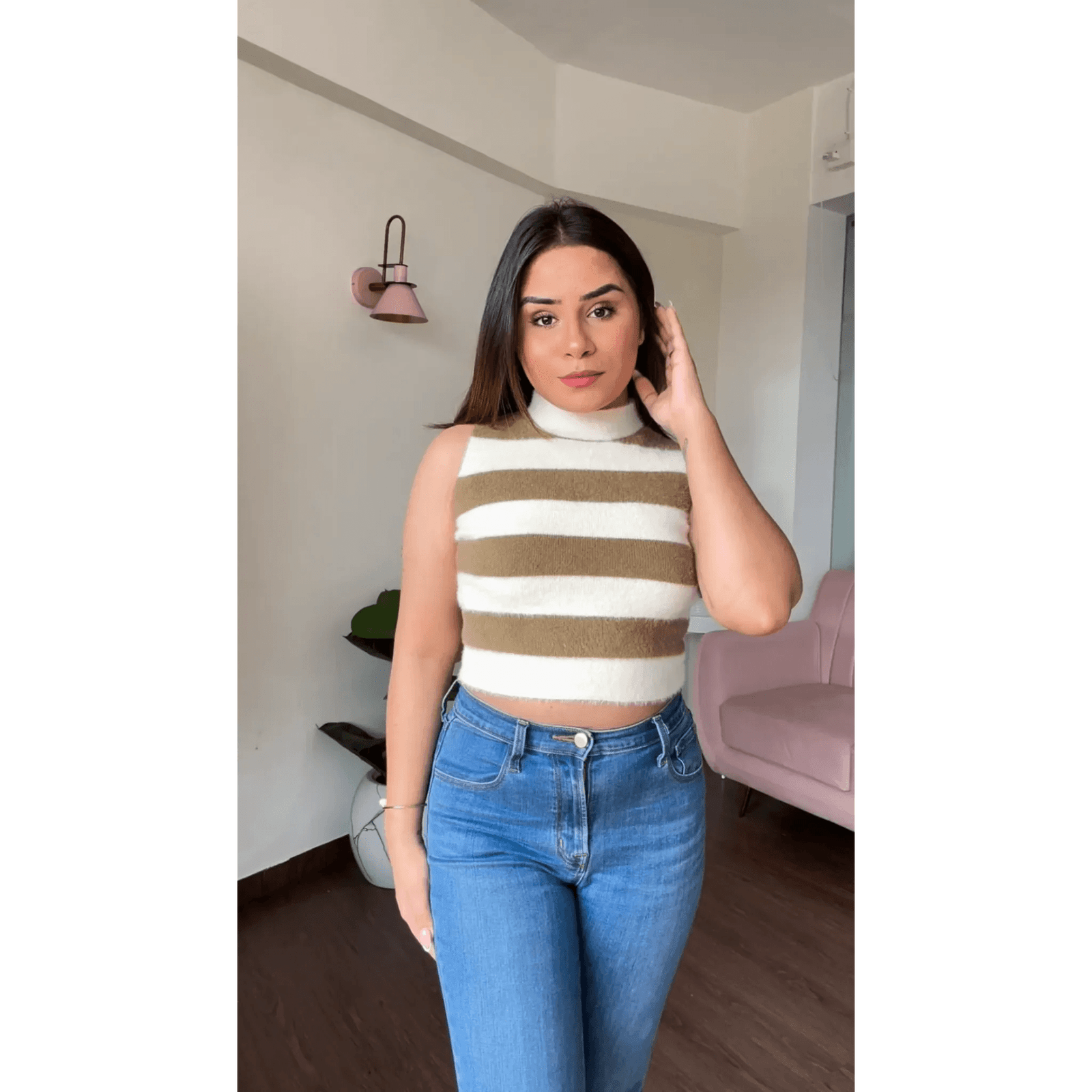 High-Neck Fuzzy Striped Crop Top