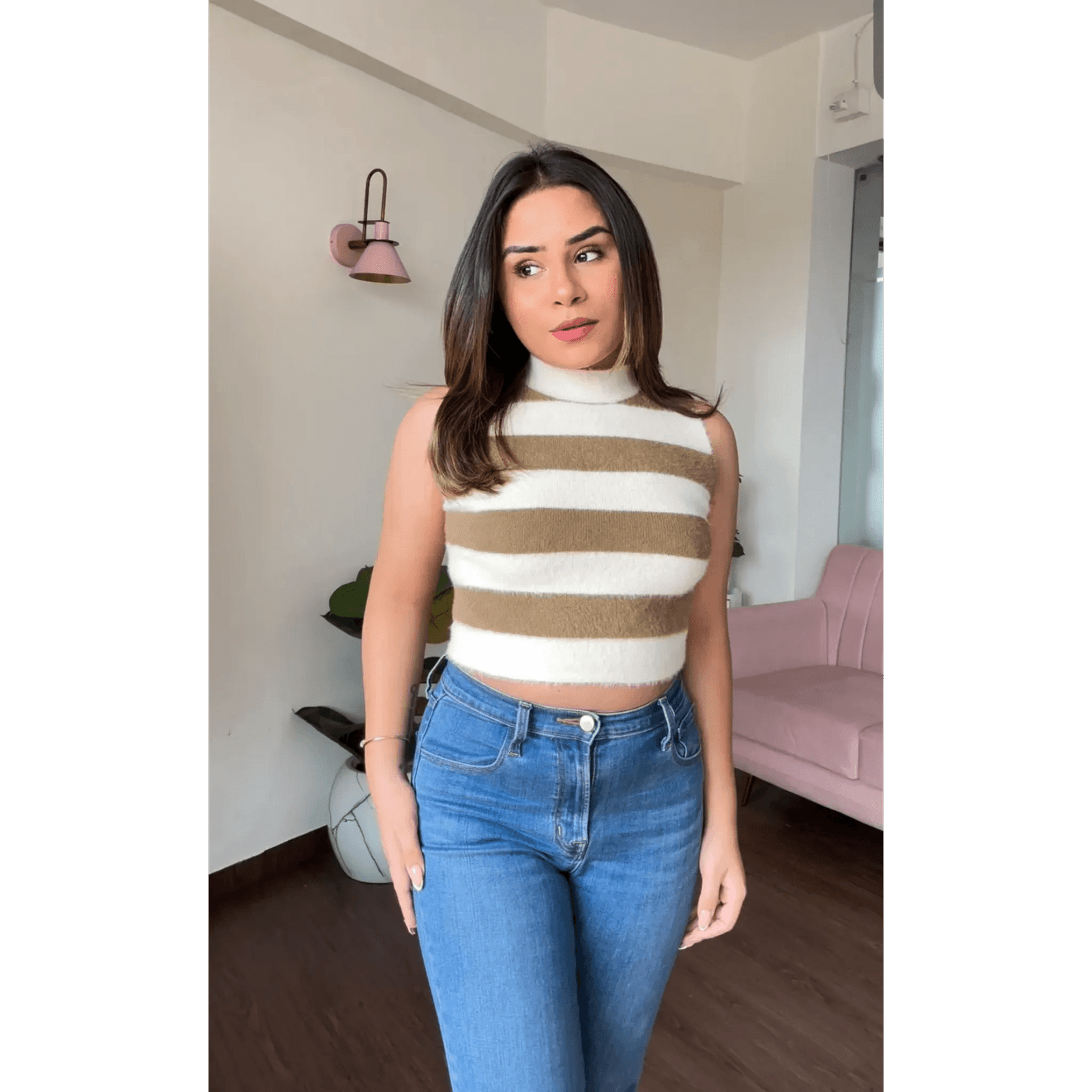 High-Neck Fuzzy Striped Crop Top