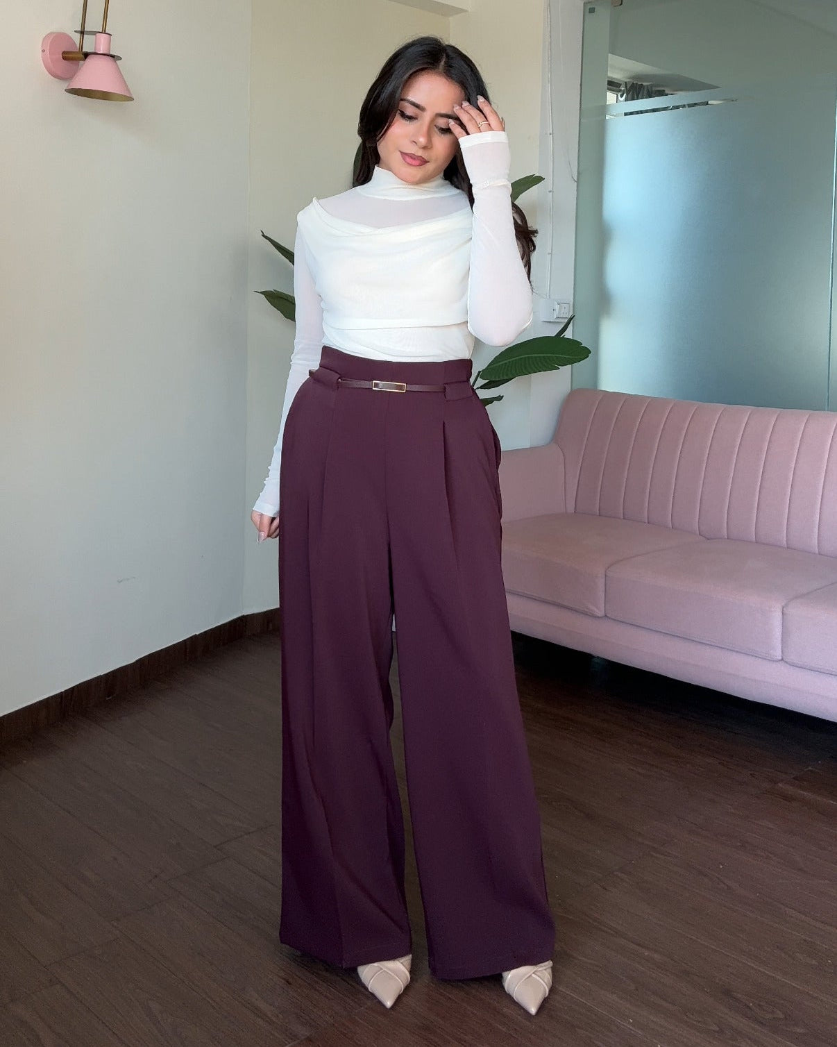 Straight Fit Wide Leg Pants With Belt For Women