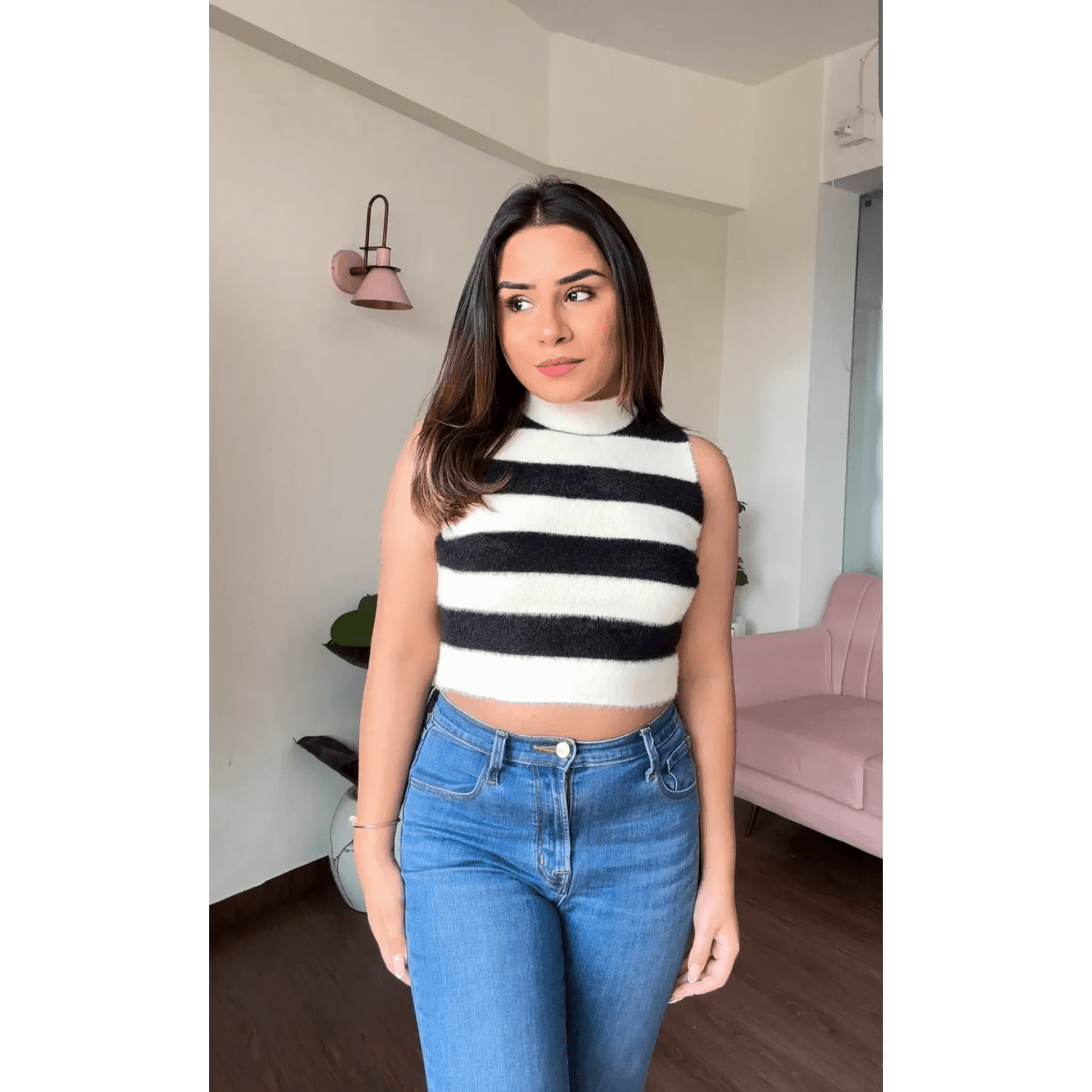 High-Neck Fuzzy Striped Crop Top