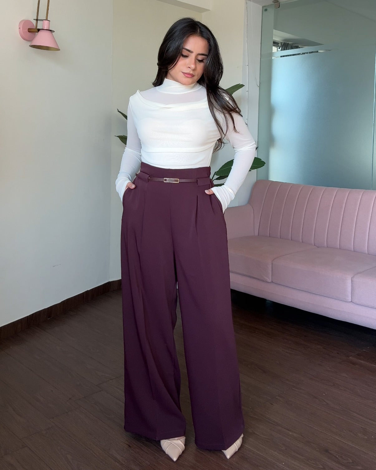 Straight Fit Wide Leg Pants With Belt For Women