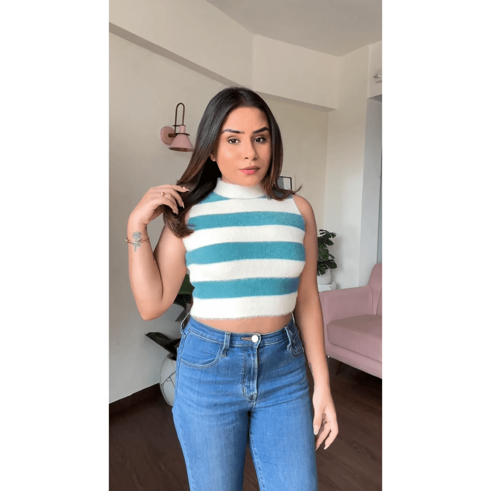 High-Neck Fuzzy Striped Crop Top