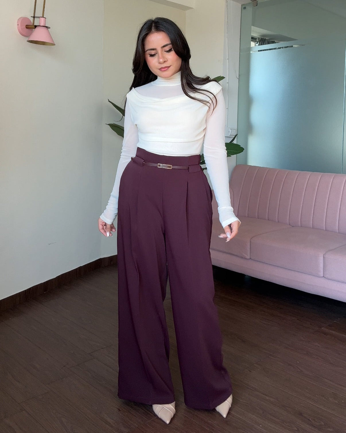 Straight Fit Wide Leg Pants With Belt For Women