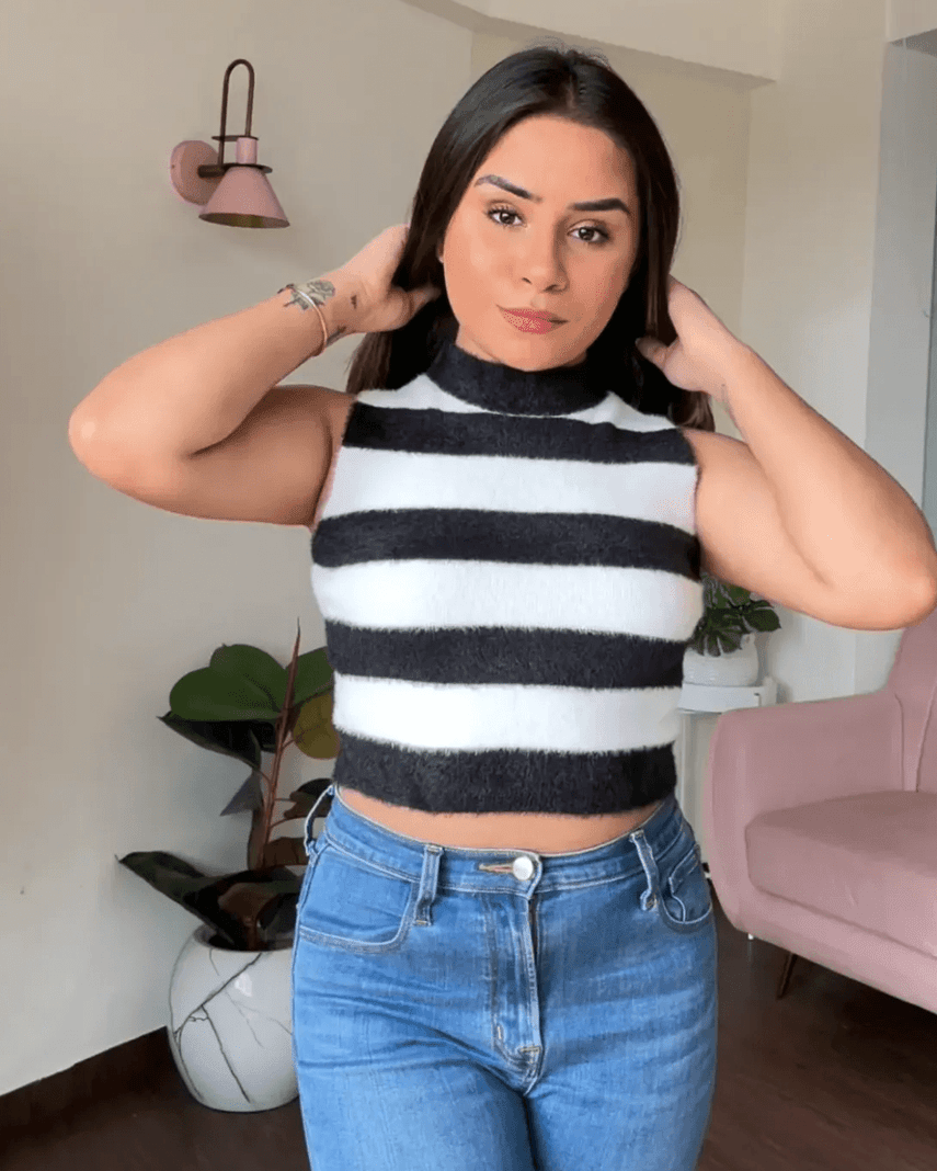 High-Neck Fuzzy Striped Crop Top