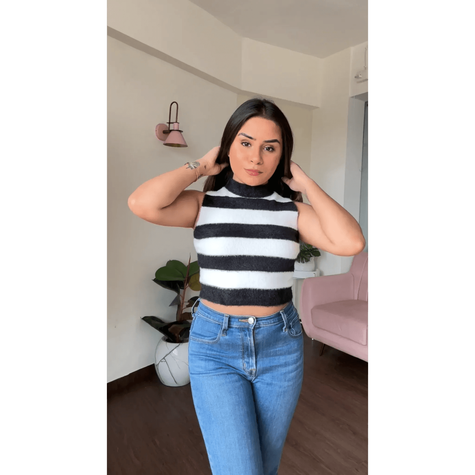 High-Neck Fuzzy Striped Crop Top