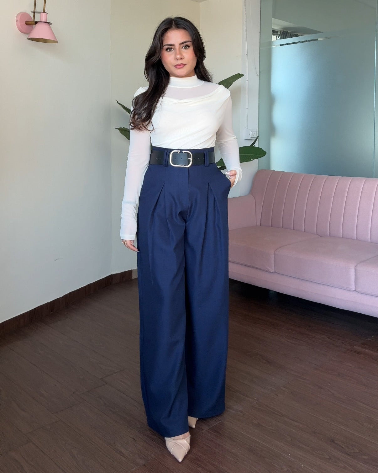 Korean Pleated Wide Legged Pants With Belt