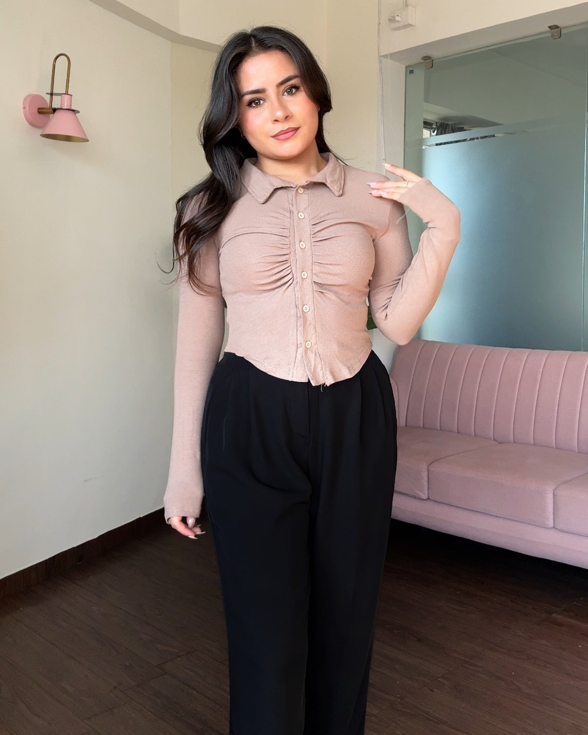 Ruched Detailing Button Down Fitted Top