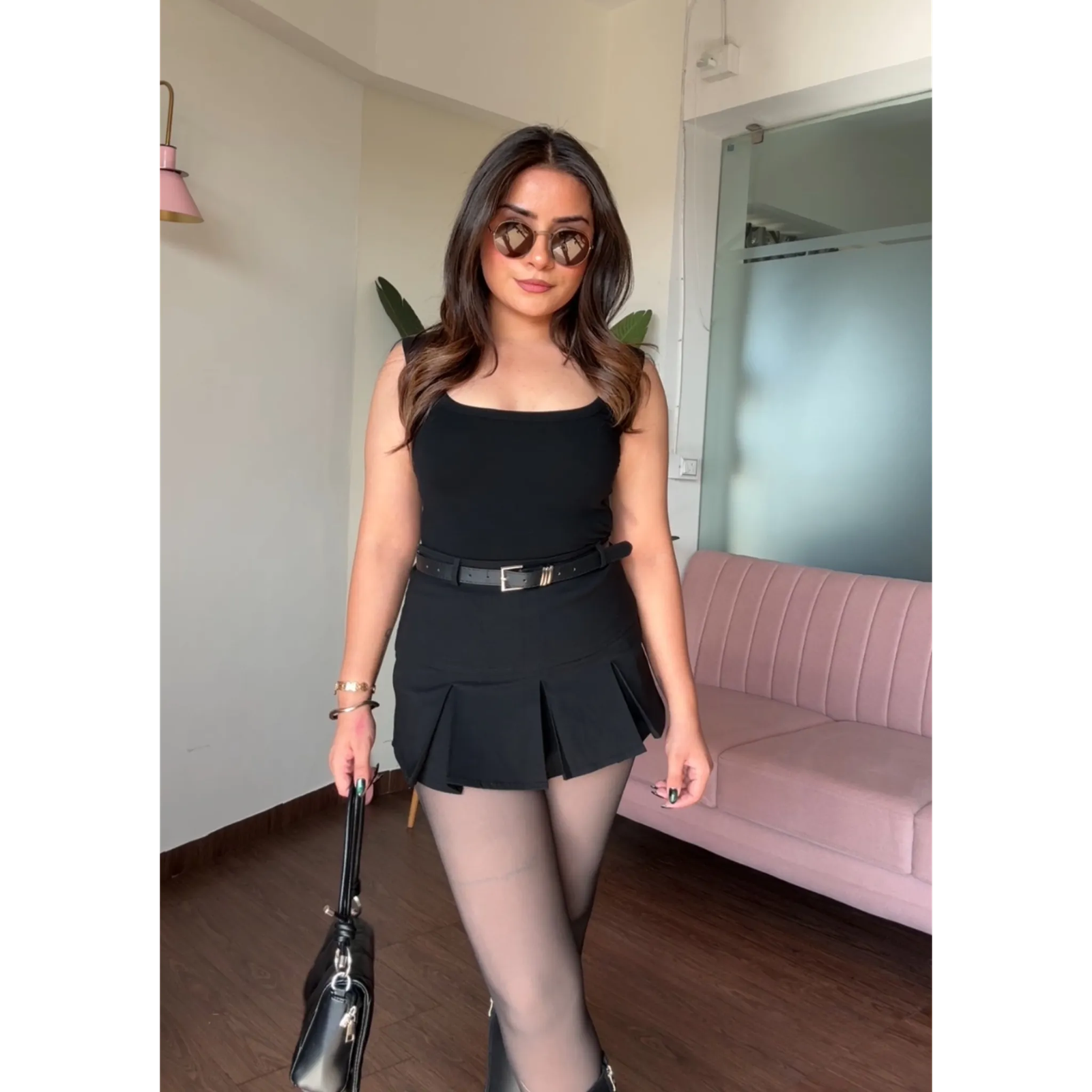 Solid Black Skater Skort With Belt