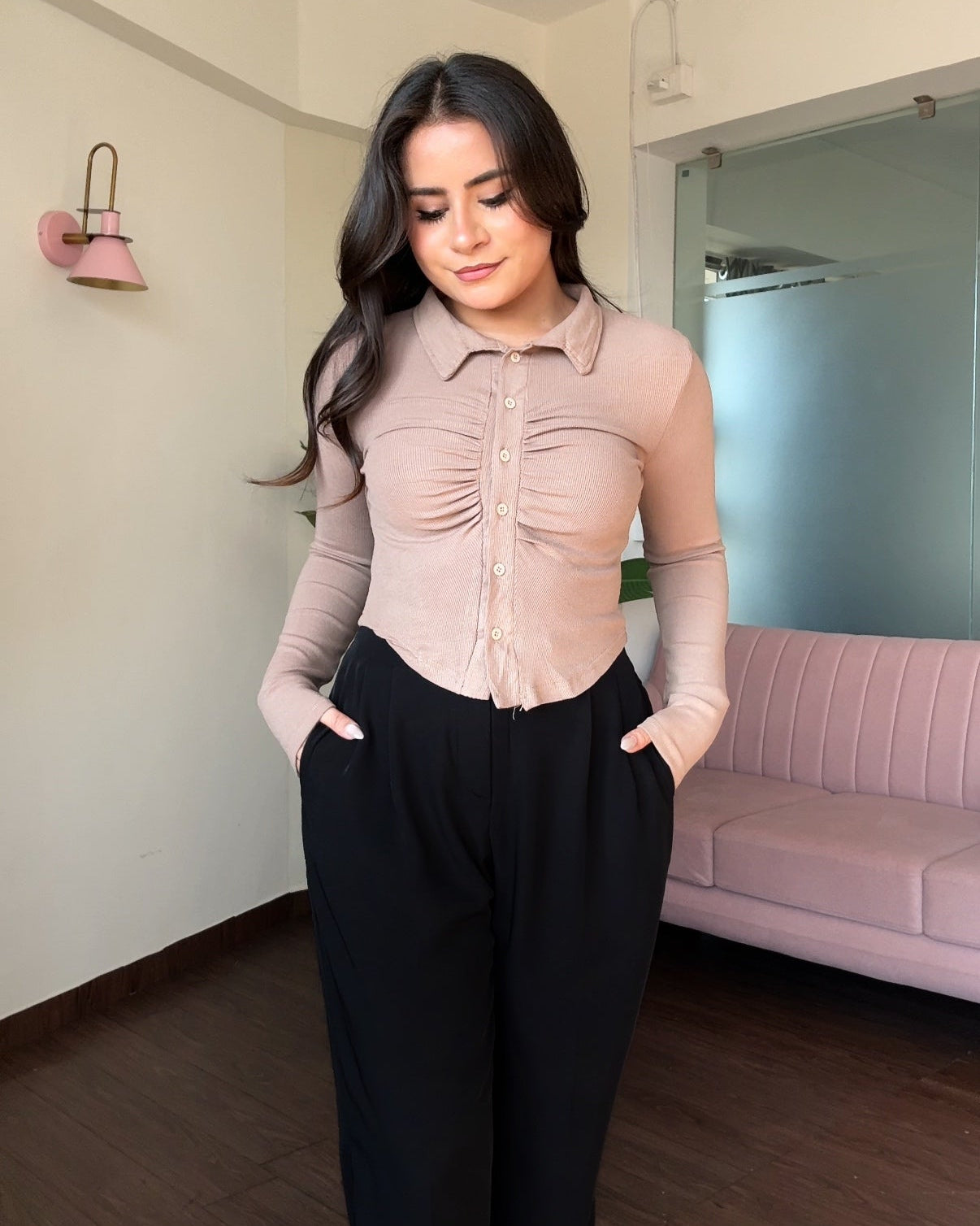 Ruched Detailing Button Down Fitted Top