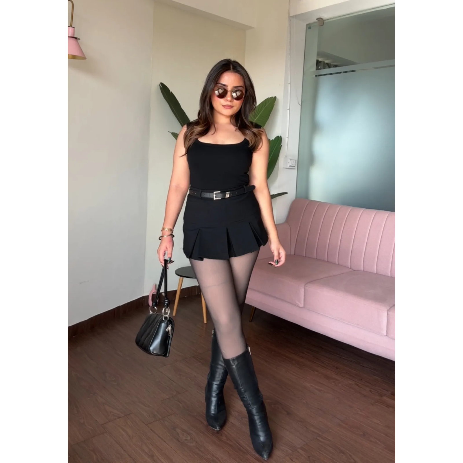 Solid Black Skater Skort With Belt