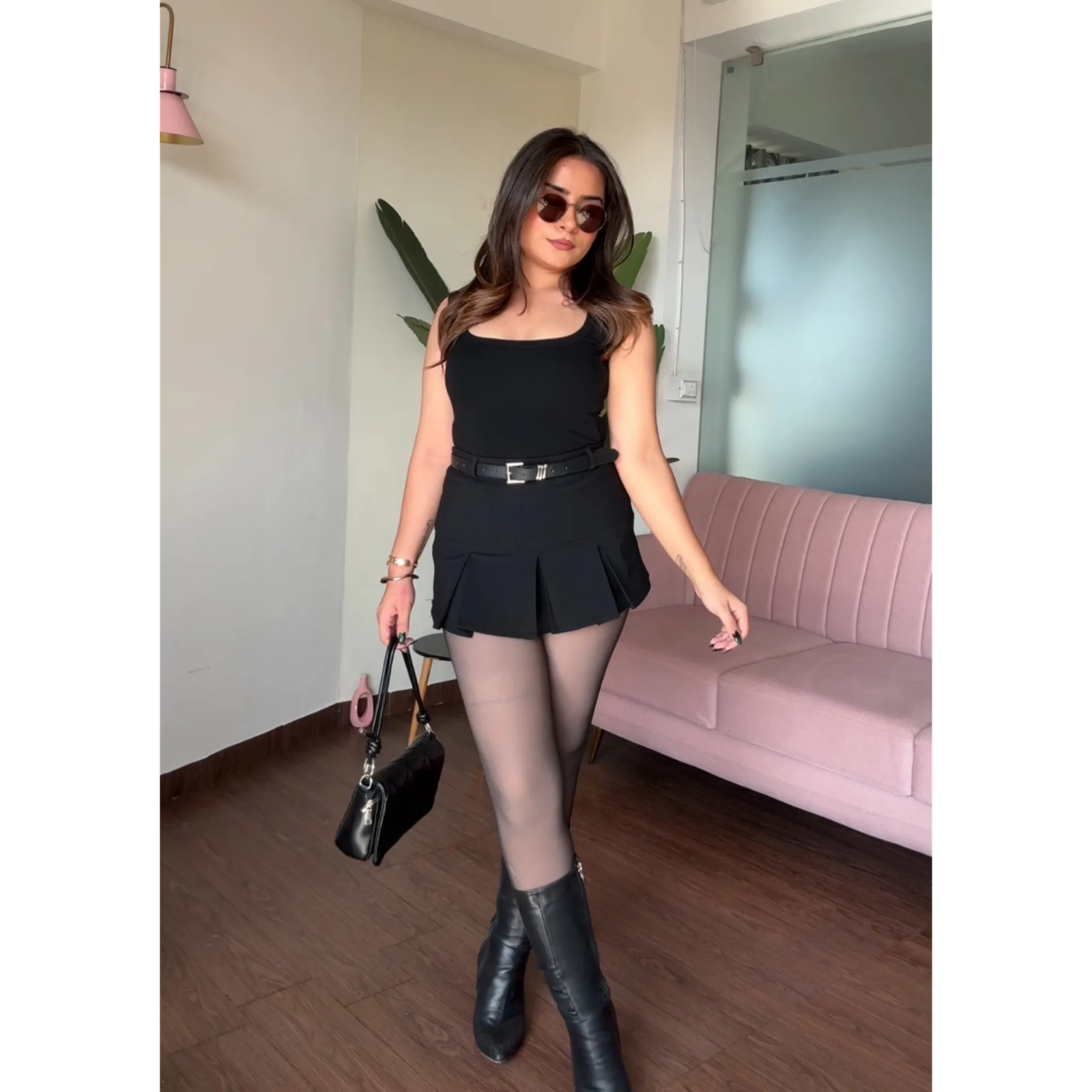 Solid Black Skater Skort With Belt