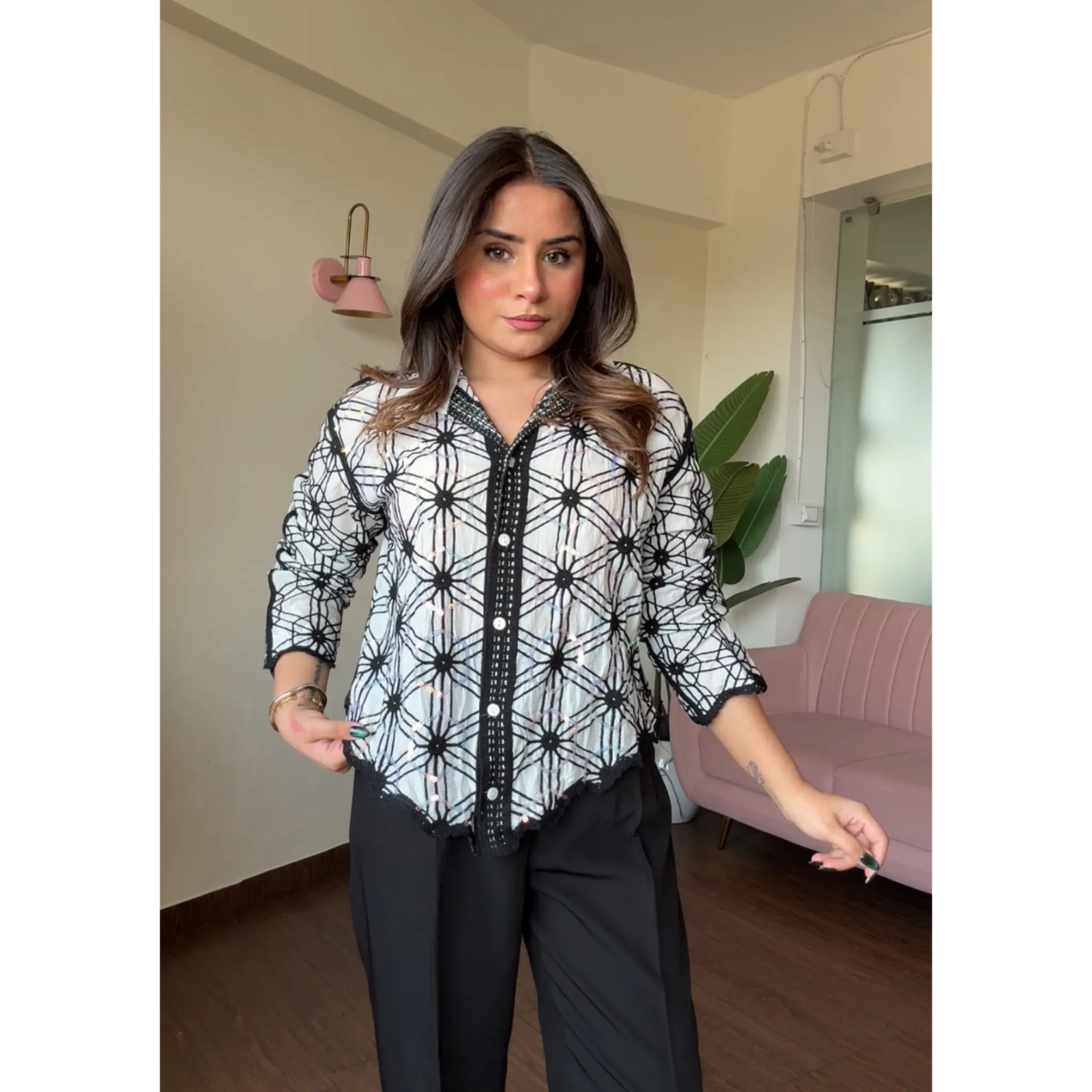 Circle Embroidered Sequin Tissue Cotton Shirt