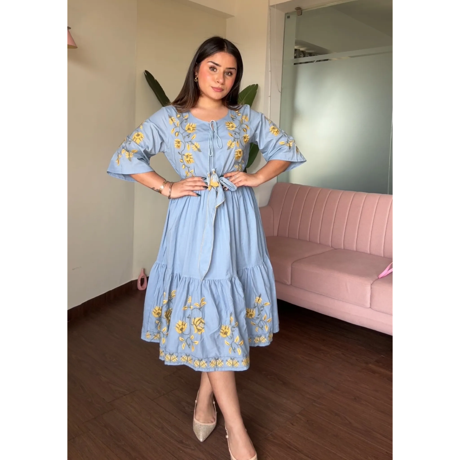 Powder Blue Flowy Cotton Dress With Belt