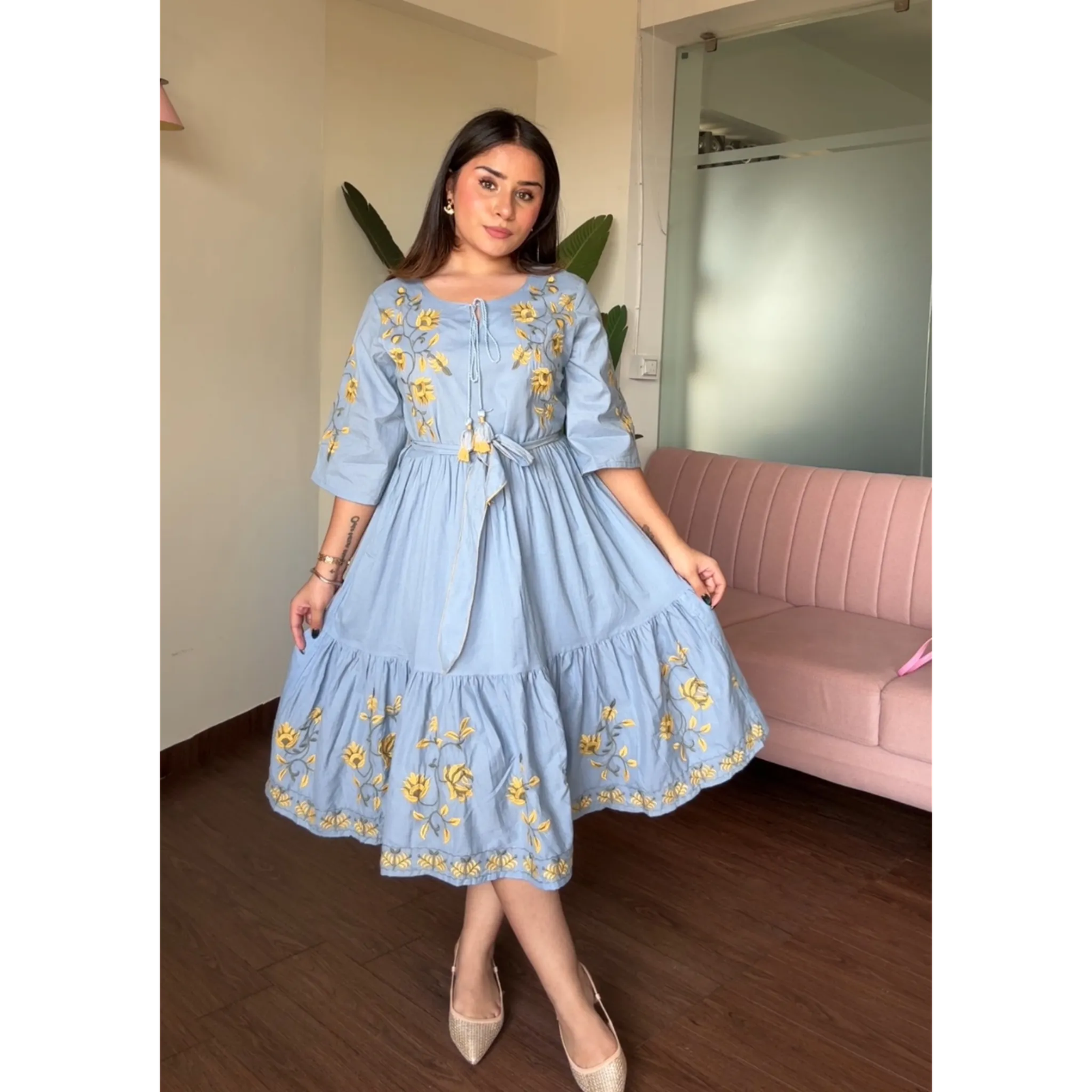 Powder Blue Flowy Cotton Dress With Belt