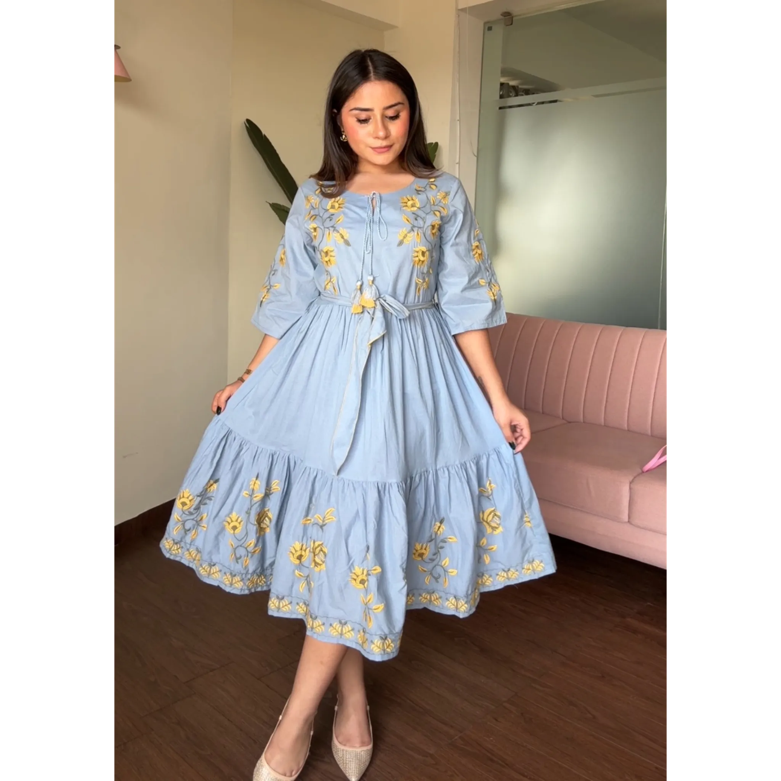 Powder Blue Flowy Cotton Dress With Belt