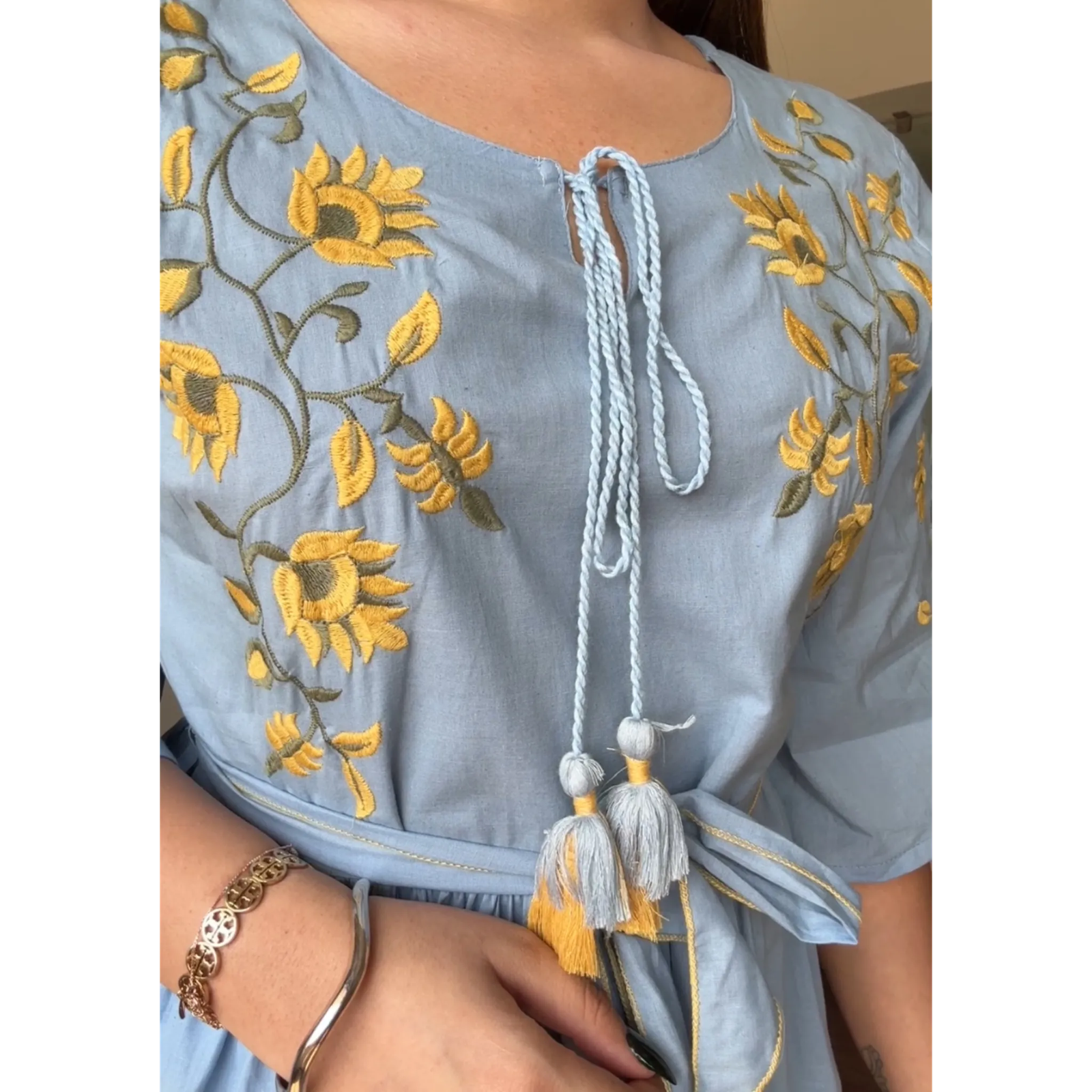 Powder Blue Flowy Cotton Dress With Belt